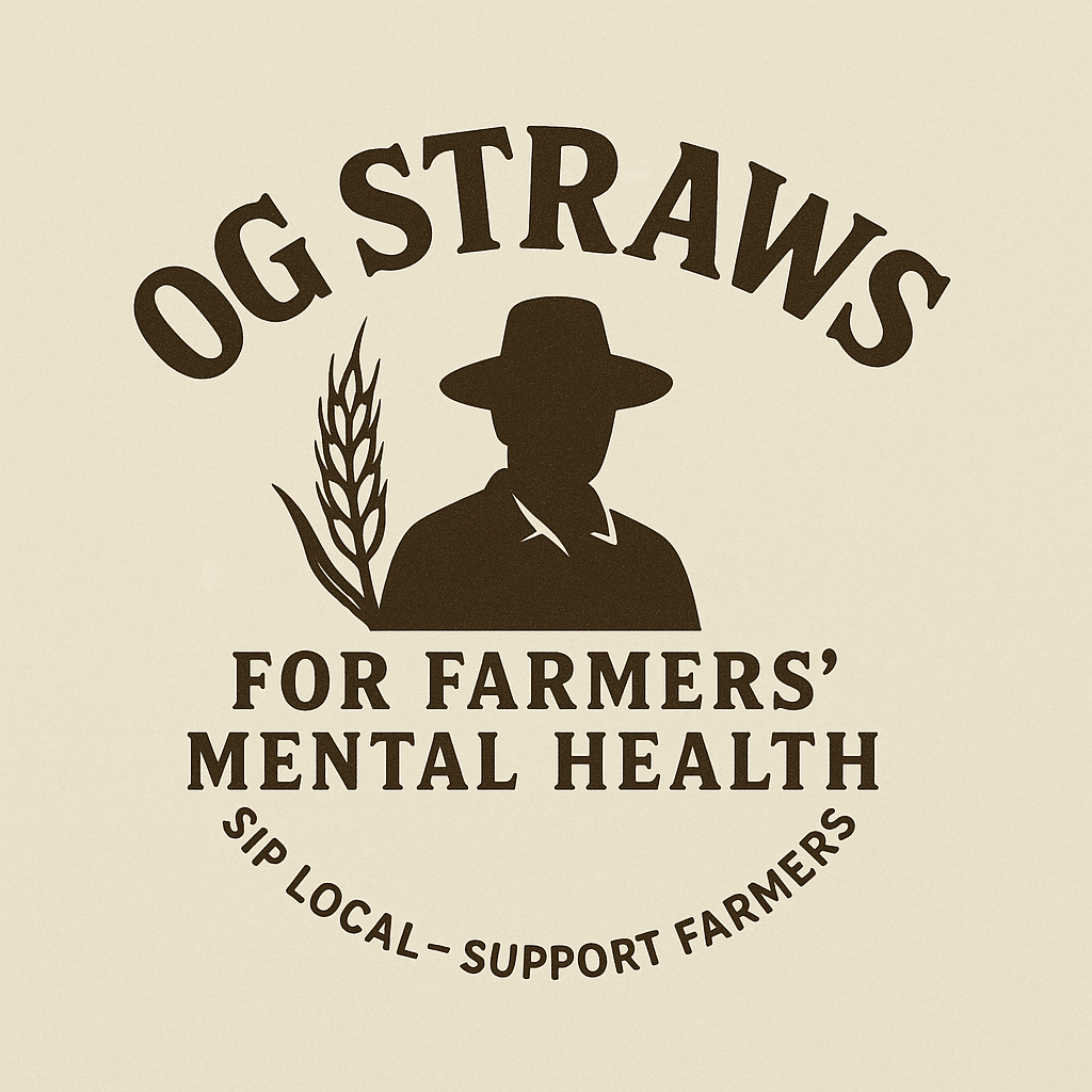 Logo for OG Straws with a silhouette of a farmer and text about farmers' mental health on a beige background.
