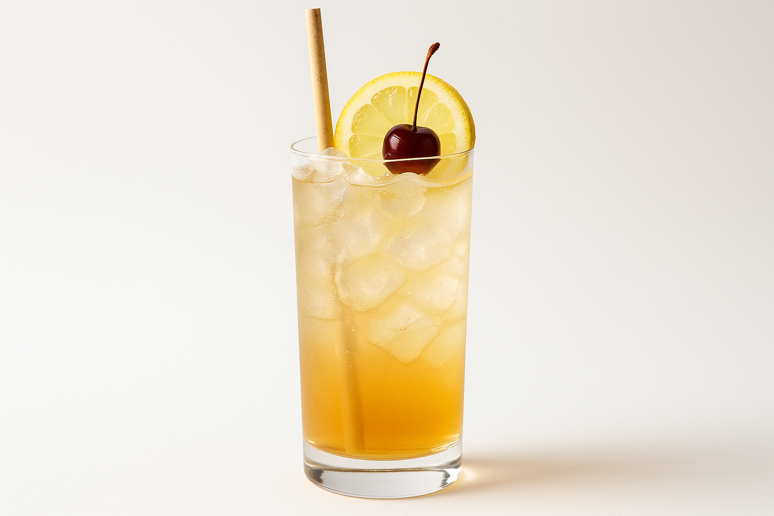 Cocktail Porn Glass of orange cocktail with ice, lemon slice, and cherry on a white background