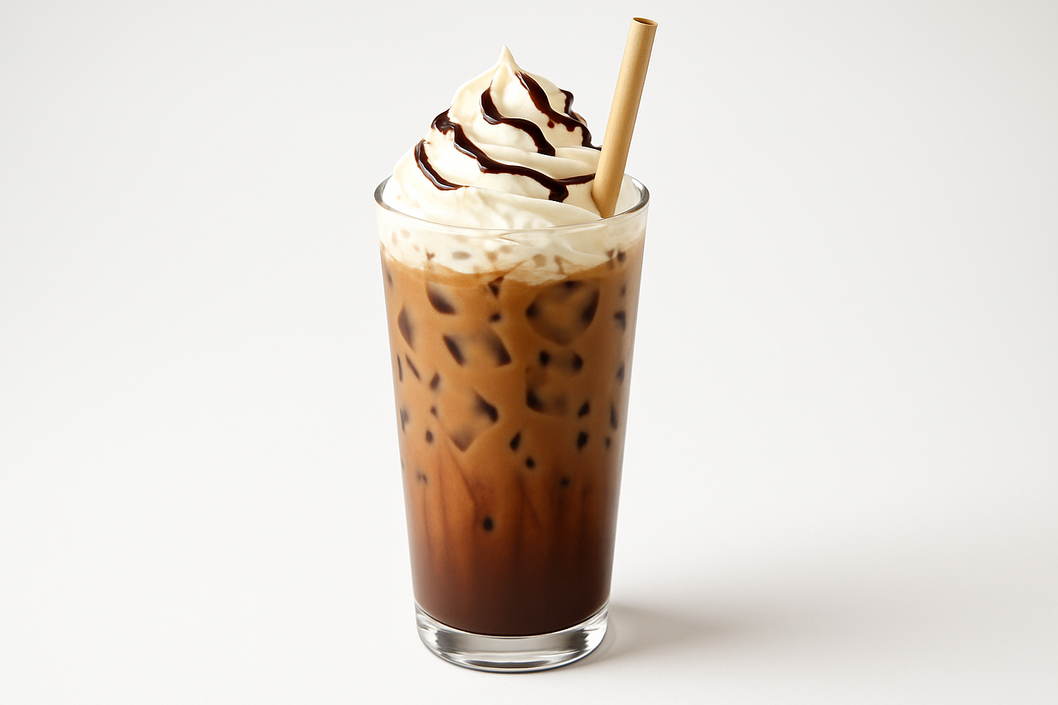 Glass of iced coffee with whipped cream and a straw on a white background