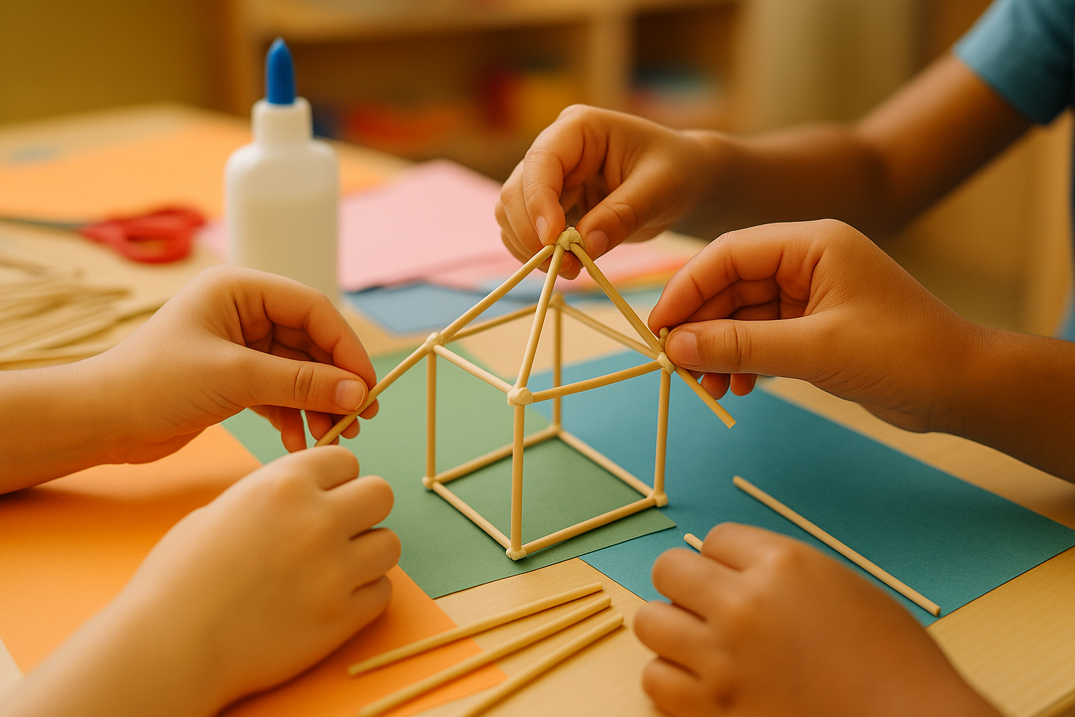 Kids Hands Building with Art Straws