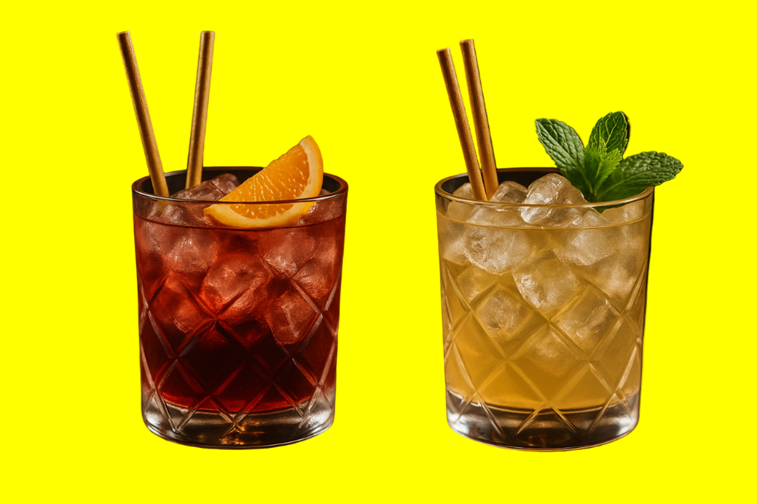 two cocktails with ice and two rye straws each