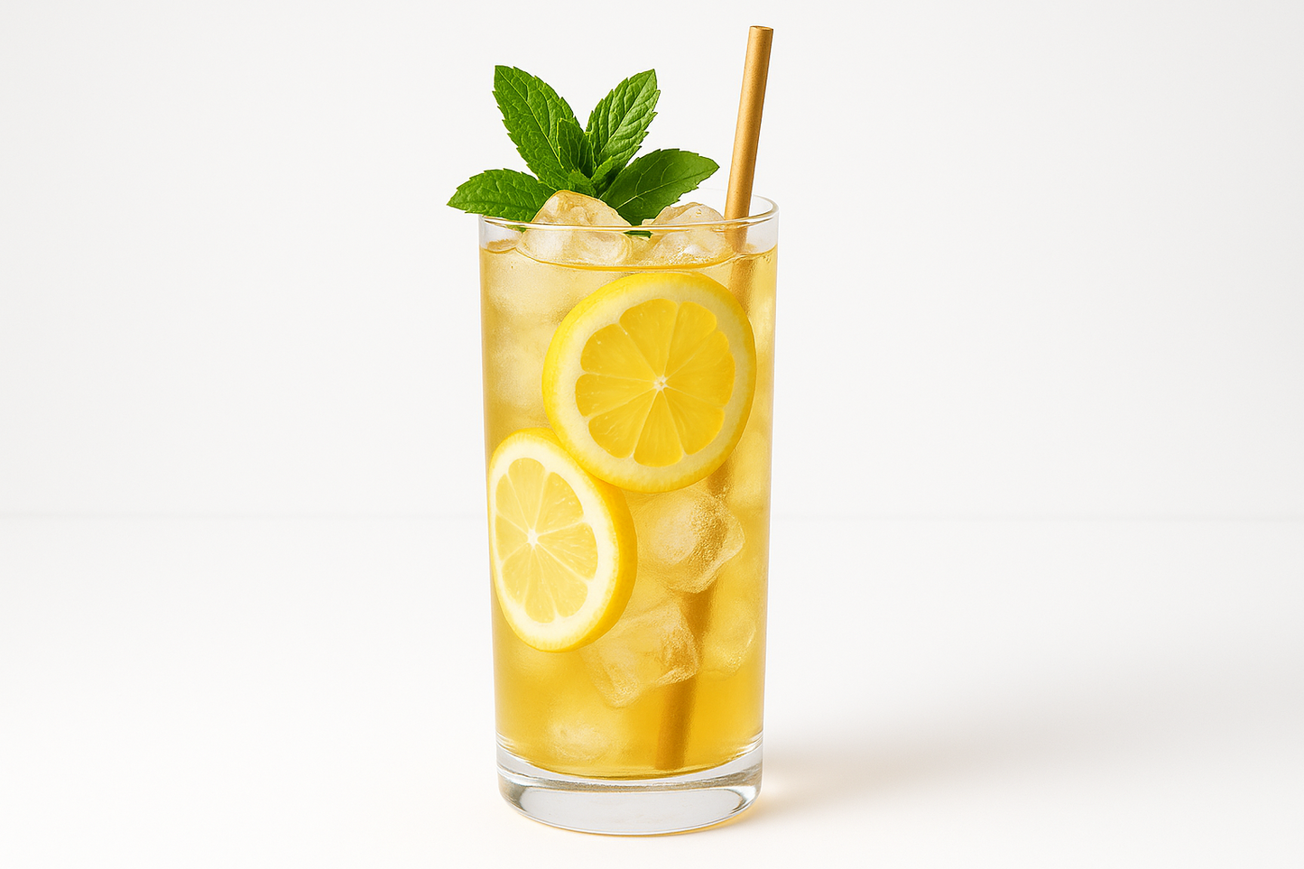 Glass of lemonade with lemon slices, ice cubes, and a sprig of mint on a white background