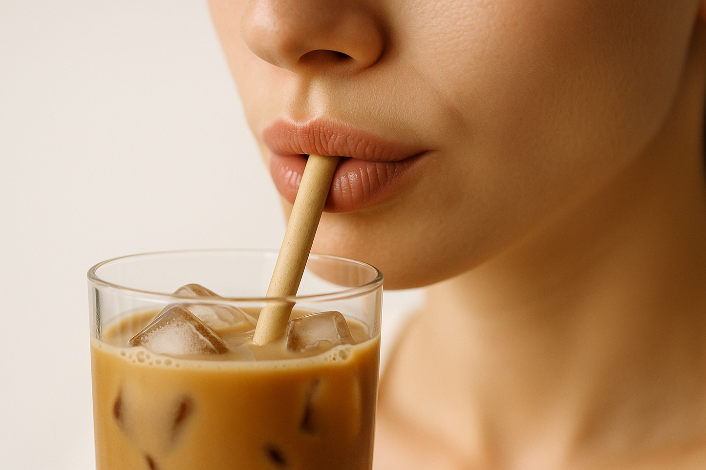 sexy woman-lips-open-iced-coffee-close-up